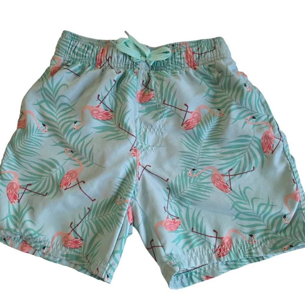 Canyon Creek Mens Flamingo Palm Print Swim Trunks Blue Pink Mesh Lined Size M